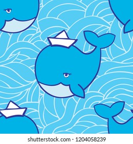 Vector whale pattern for kids. Colorful seamless whales in paper hats and waves pattern. Perfect for greetings, invitations, manufacture wrapping paper, textile and web design. Vector pattern. 