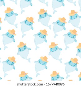 Vector whale pattern. Whales in hats with a flower. Ideal for fabric, wrapping paper, postcards, posters, wallpapers, textiles and prints.