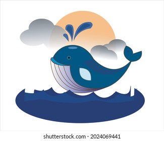 vector whale swimming in the afternoon is used to share the needs of children's drawings, children's t-shirts, book cover t-shirts and so on