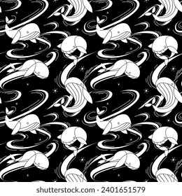 Vector Whale Swimming in the Sky Galaxy between Stars Seamless Pattern Outline Black And White Color