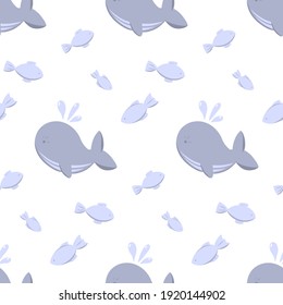 Vector whales and fish seamless pattern on white background. Cute underwater print for kids, children, cards, posters, greetings, fabric, textile, wallpaper, wrapping paper, design and decoration.