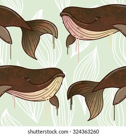 Vector whales seamless pattern with abstract background.