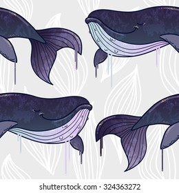 Vector whales seamless pattern with abstract background.