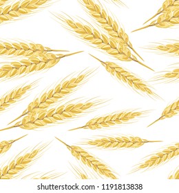 Vector wheat. Golden ears of cereals in a flat style on a white background. Seamless pattern.