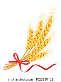 Vector wheat with red ribbon on white background isolated. Vector illustration.