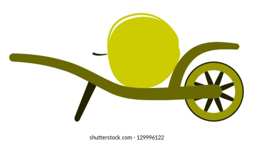 vector wheel barrow and apple isolated on white background