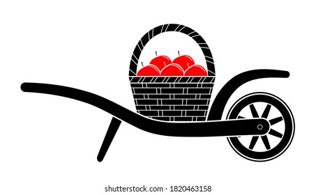 vector wheel barrow and basket of apples isolated on white background