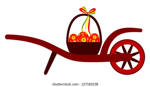 vector wheel barrow and basket with easter eggs isolated on white background