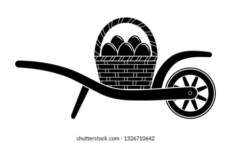 vector wheel barrow and basket of eggs isolated on white background