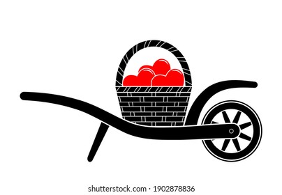 vector wheel barrow and basket of hearts isolated on white background