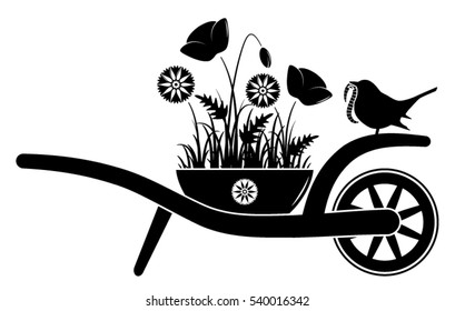 vector wheel barrow with corn poppies and cornflowers in pot and bird with worm isolated on white background