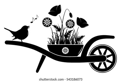 vector wheel barrow with corn poppies and cornflowers in pot and singing bird