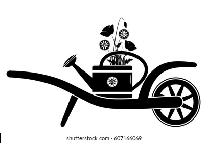 vector wheel barrow with corn poppies and cornflowers in watering can isolated on white background