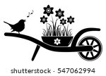 vector wheel barrow with daffodils in pot and singing bird isolated on white background