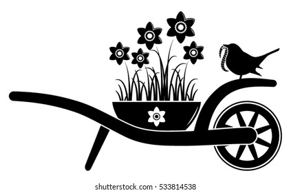 vector wheel barrow with daffodils in pot and bird with worm isolated on white background