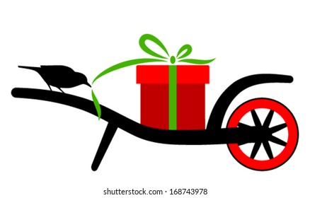 vector wheel barrow with gift and bird isolated on white background