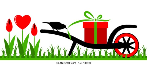 vector wheel barrow with gift and heart flowers