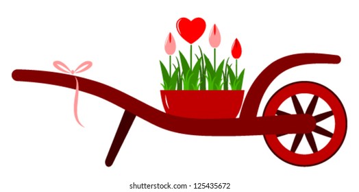 vector wheel barrow and heart flowers isolated on white background