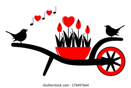 vector wheel barrow with heart flowers in pot and pair of birds isolated on white background