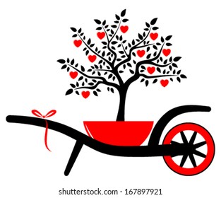 vector wheel barrow and heart tree in pot isolated on white background