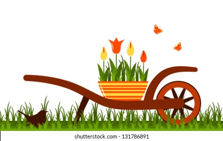 vector wheel barrow and tulips in pot