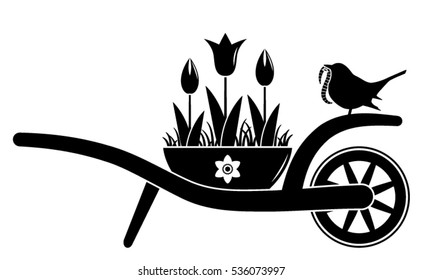 vector wheel barrow and tulips in pot and bird with worm isolated on white background
