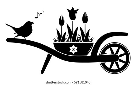 vector wheel barrow and tulips in pot and singing bird isolated on white background