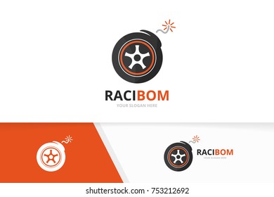 Vector wheel and bomb logo combination. Tire and detonate symbol or icon. Unique tyre and weapon logotype design template.