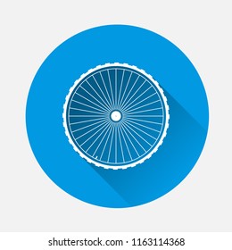 Vector wheel icon on blue background. Flat image wheel with long shadow. Layers grouped for easy editing illustration. For your design.