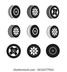 Vector wheel icon with round alloy rim and cut out silhouette features rubber tire design and car symbol in automotive blueprint style for race drive and transportation logo illustration set