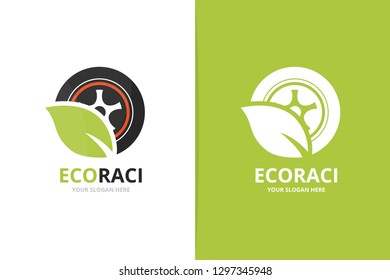 Vector wheel and leaf logo combination. Tire and eco symbol or icon. Unique tyre and organic logotype design template.