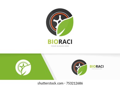 Vector wheel and leaf logo combination. Tire and eco symbol or icon. Unique tyre and organic logotype design template.