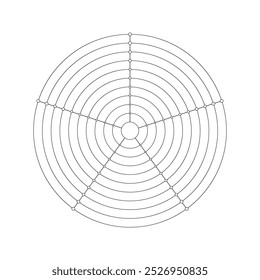 Roda de vetor de análise de vida diagrama infográfico, ferramenta de coaching. Diagrama redondo com círculos concêntricos de cinco setores
