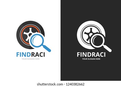 Vector wheel and loupe logo combination. Tire and magnifying symbol or icon. Unique tyre and search logotype design template.