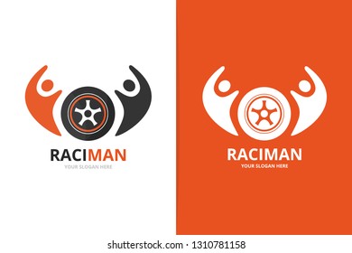 Combinação de roda vetorial e logotipo de pessoas. Pneu único e união, ajuda, conectar, modelo de design de logotipo de equipe.