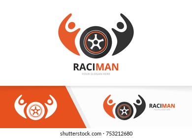 Vector wheel and people logo combination. Tire and family symbol or icon. Unique tyre and union, help, connect, team logotype design template.