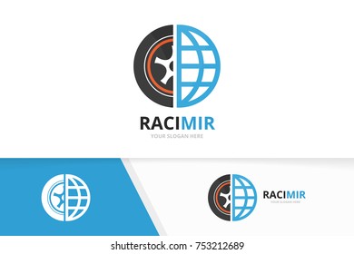 Vector wheel and planet logo combination. Tire and world symbol or icon. Unique tyre and globe logotype design template.