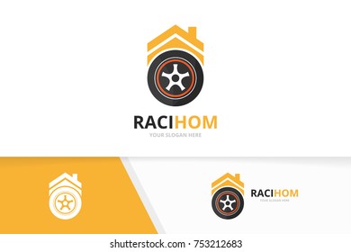 Vector wheel and real estate logo combination. Tire and house symbol or icon. Unique tyre and rent logotype design template.