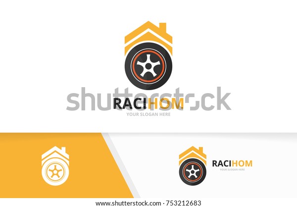 Vector wheel and real estate logo combination.\
Tire and house symbol or icon. Unique tyre and rent logotype design\
template.