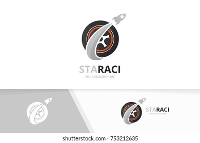 Vector wheel and rocket logo combination. Tire and airplane symbol or icon. Unique car and flight logotype design template.