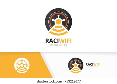 Vector wheel and wifi logo combination. Tire and signal symbol or icon. Unique tyre and radio, internet logotype design template.