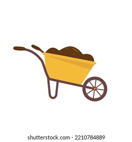 Vector wheelbarrow or garden cart with earth and plant, tools isolated on white background. Flat design 