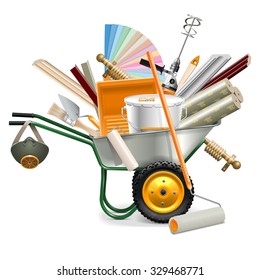 Vector Wheelbarrow with Painting Tools