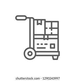 Vector wheelbarrow with parcels, delivery line icon. Symbol and sign illustration design. Isolated on white background
