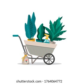 carretilla vectora con plantas en macetas. Excelente para el diseño de postales, afiches, pegatinas y demás.