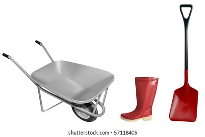 vector wheelbarrow shovel and rubber boot illustration, raster version available