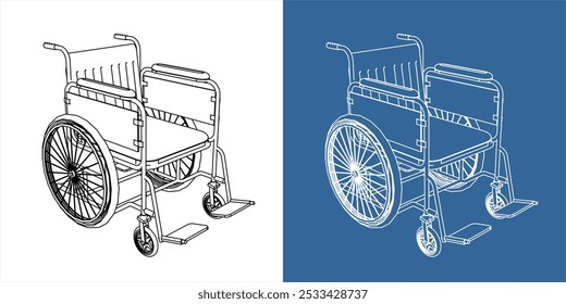  Vista frontal de silla de ruedas de Vector. para personas con discapacidades plano de dibujo de línea técnica sobre fondo transparente