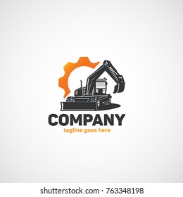 Vector wheeled excavator and gear logo.
