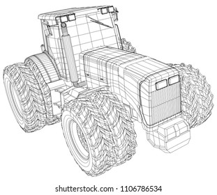 Vector wheeled tractor isolated on white background. Side view. Tracing illustration of 3d. EPS 10 vector format.