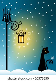 Vector Whimsical Cat on Snowy Winter Background